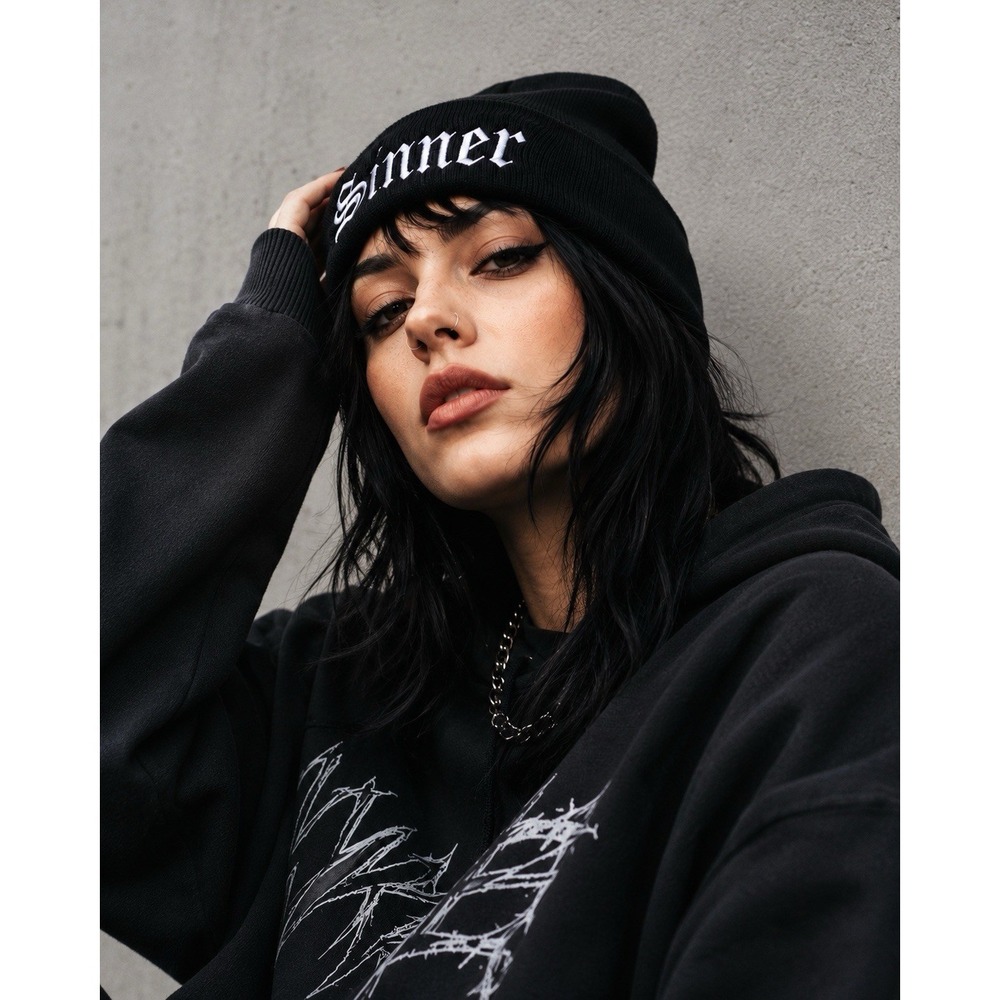Sinner Old English Logo Black Knit Beanie Hat Embroidered Acrylic Unisex NIP